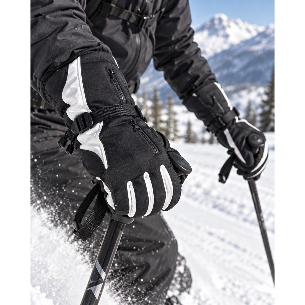 Mens Black White Insulated Ski Gloves Zippered Pocket Adjustable Cuffs OSFM